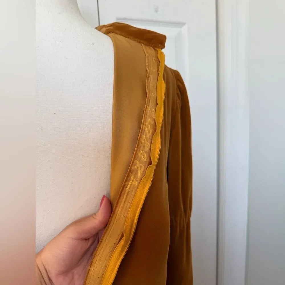 1970s Mustard Colored Rich Velvet High-Collar Dress